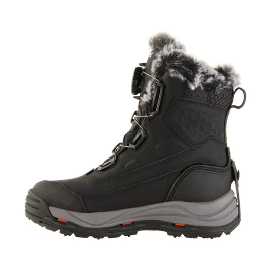 Black winter boot with faux-fur collar, lace-up front, and gray midsole