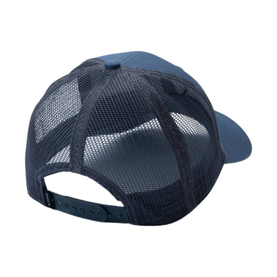 Navy mesh trucker hat with a curved bill and adjustable snapback strap