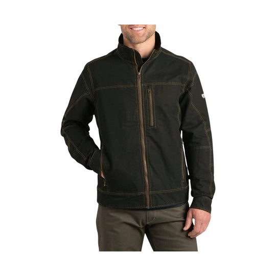 Black zip-up jacket with tan contrast stitching, a high collar, chest pocket, and hand pockets