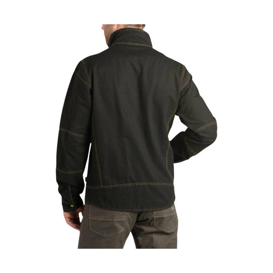 Dark jacket shown from the back with a stand collar, contrast stitching, and buttoned cuffs