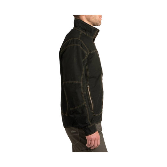 Black zip-up jacket shown in side view with tan contrast stitching and a high collar