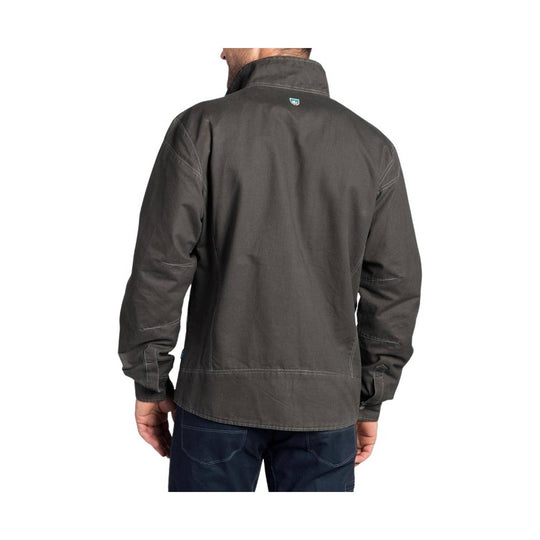 Dark gray long-sleeve jacket shown from the back with a high collar and stitched seams.