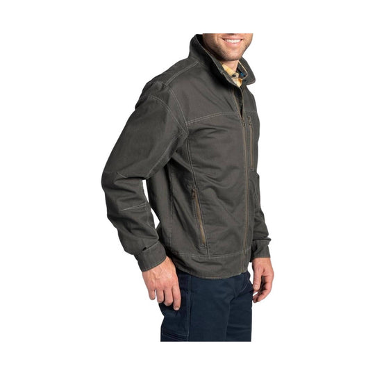 Dark gray zip-front jacket with a stand collar, chest and hand pockets, shown on a model
