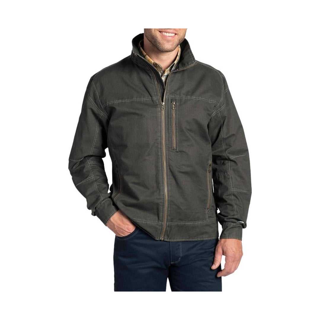 Dark gray zip-up jacket with stand collar, chest pocket, and hand pockets