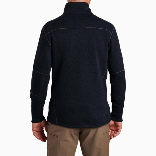 Black full-zip fleece jacket shown from the back with a high collar and long sleeves