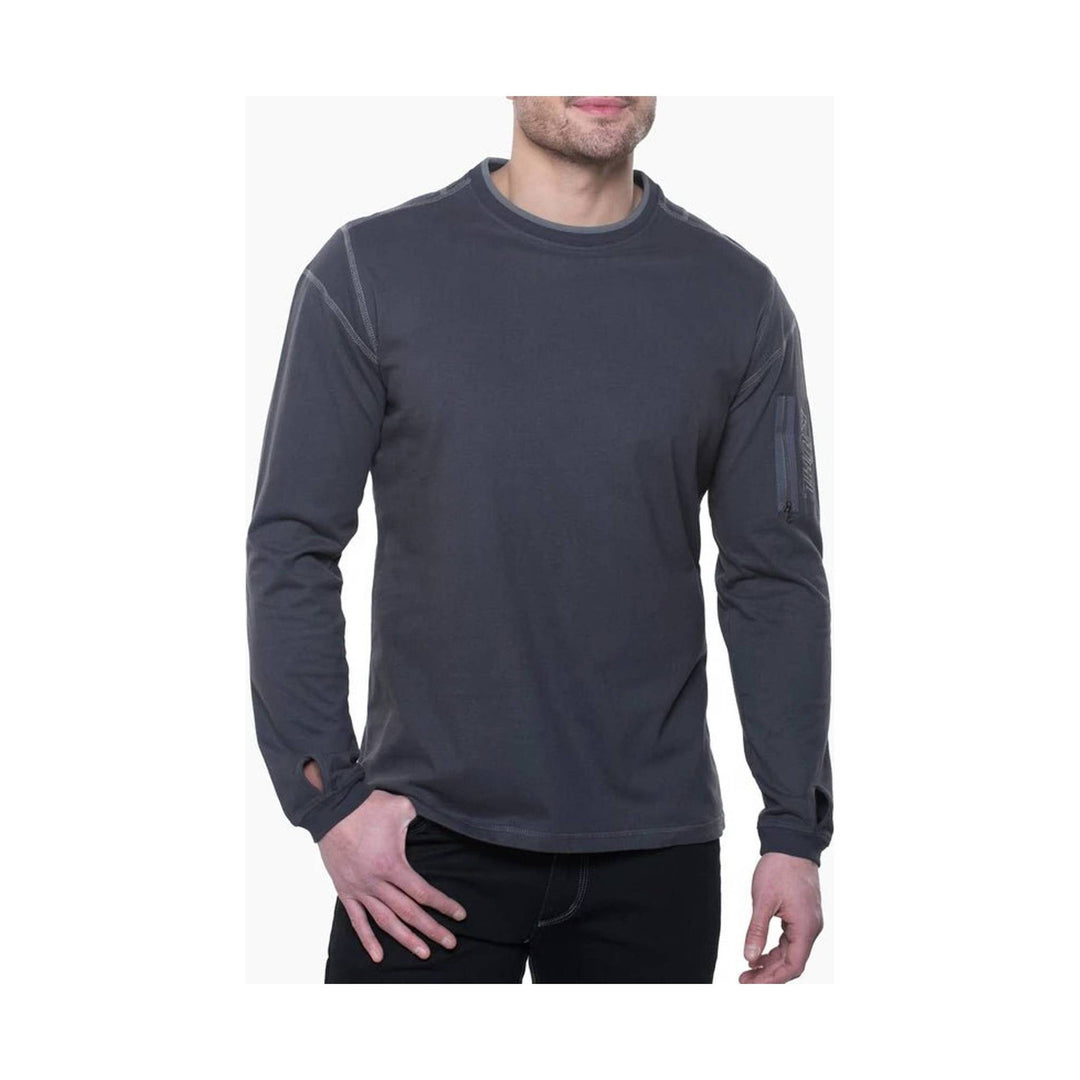 Dark charcoal long-sleeve crewneck shirt with contrast stitching and a zip pocket on the left sleeve