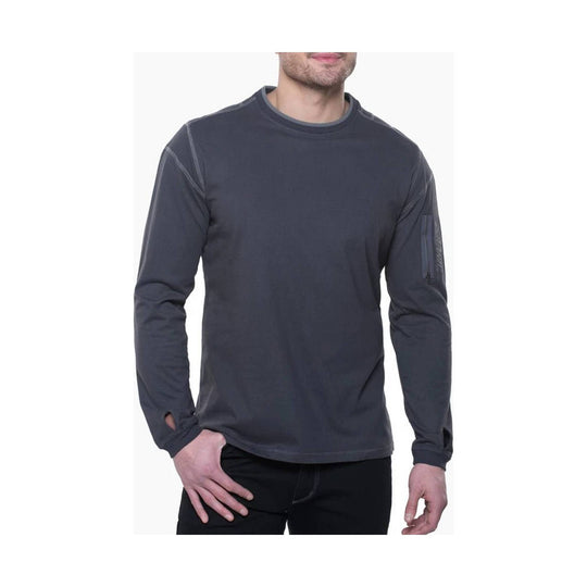 Dark charcoal long-sleeve crewneck shirt with contrast stitching and a zip pocket on the left sleeve