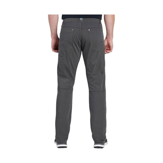 Dark gray cargo pants shown from the back with rear patch pockets and side zip pocket.