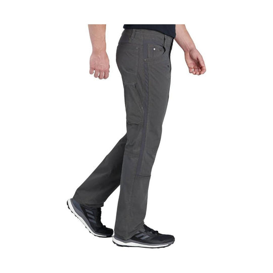 Charcoal gray men's cargo pants shown in side view with visible stitching and zip pockets