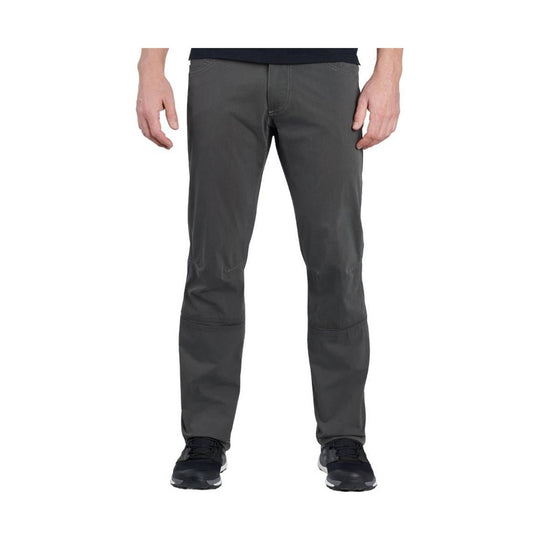 Charcoal gray men’s pants with articulated knees and black shoes, front view