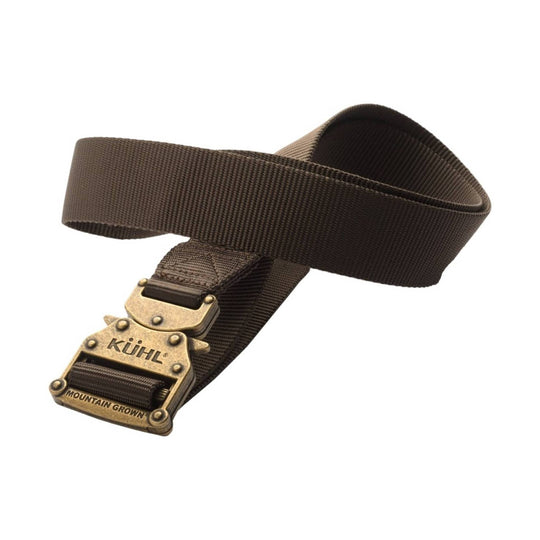 Brown woven belt with a brass buckle engraved KÜHL and MOUNTAIN GROWN