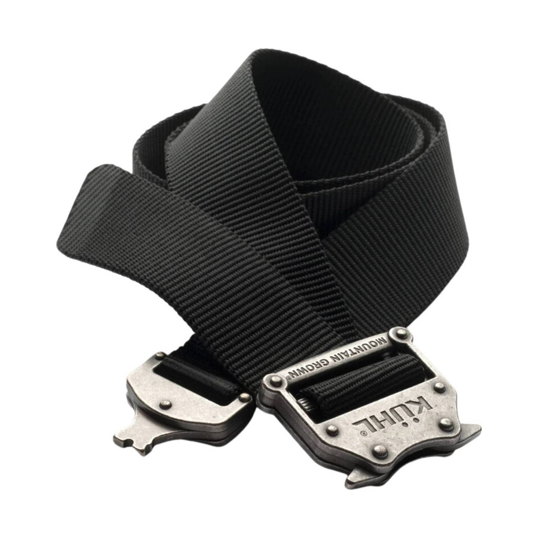 Black webbing belt with metal buckle and engraved branding