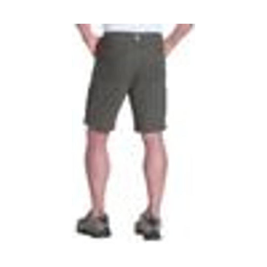 Olive gray knee-length cargo shorts on a model