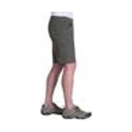 Olive gray shorts with a flat front and knee-length hem, shown on a model in side view