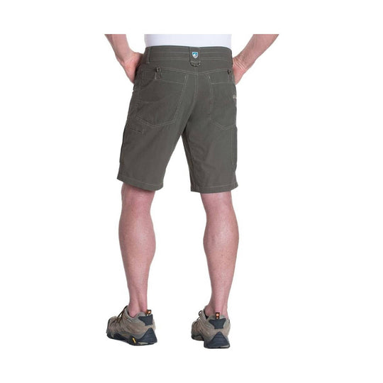 Olive cargo shorts with rear pockets and belt loops, shown from the back