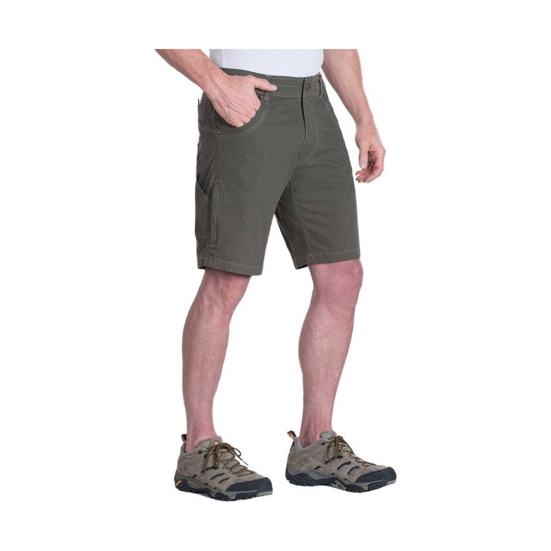 Olive gray hiking shorts with side cargo pocket, front pockets, and knee-length cut