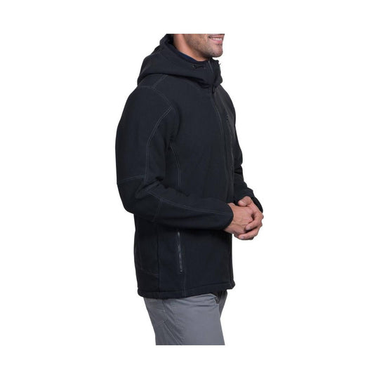 Black hooded zip-front jacket with stitched seams, shown in side view