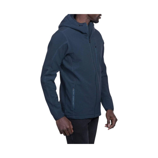 Dark blue men’s hooded full-zip jacket with zippered chest and side pockets