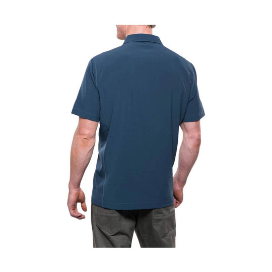 Men's dark blue short-sleeve button-up shirt shown from the back