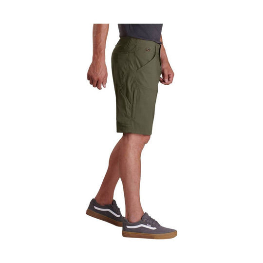 Olive green men’s shorts shown in side view on a model