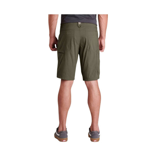 Olive cargo shorts shown from the back