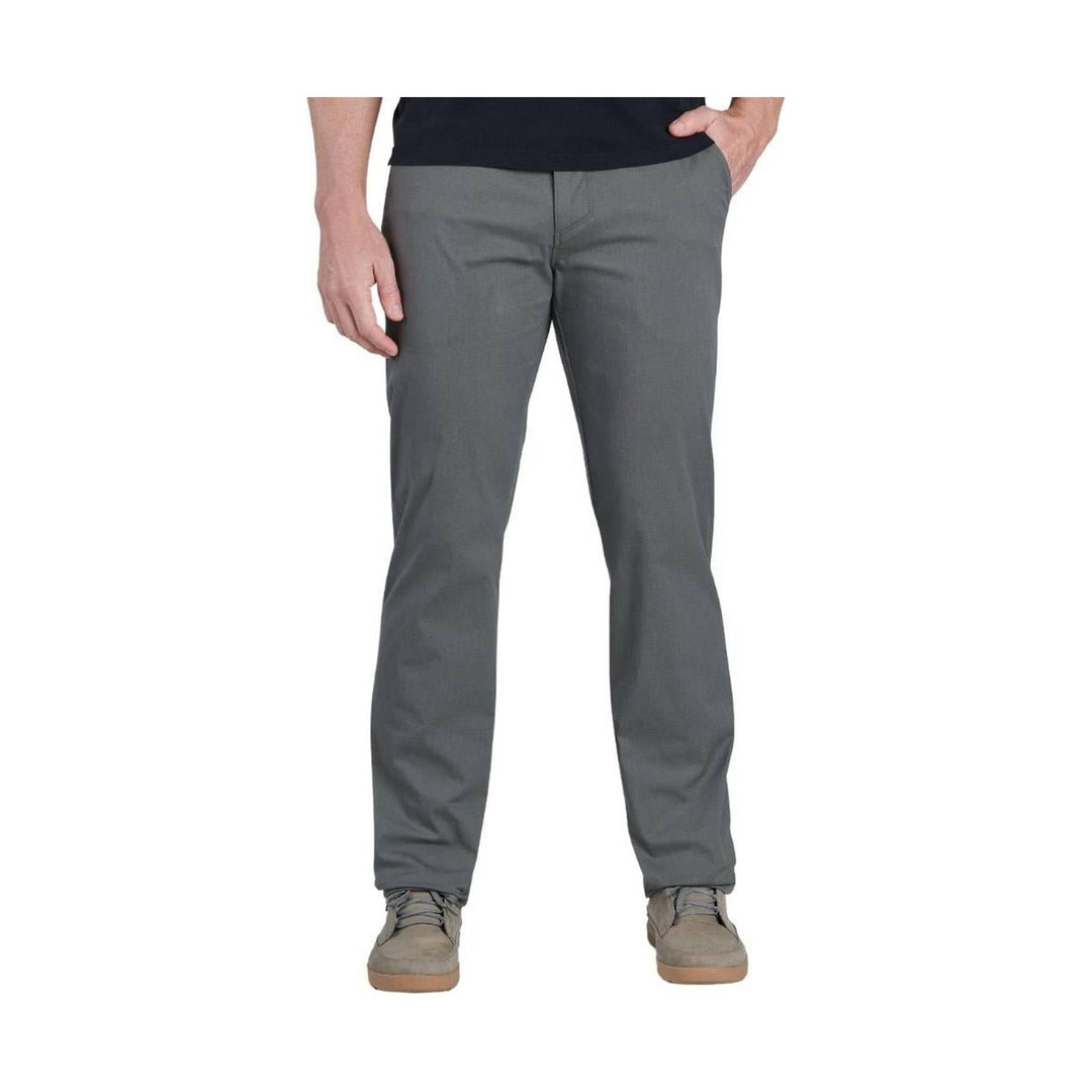 Gray straight-leg men's pants with front pockets, shown with shoes