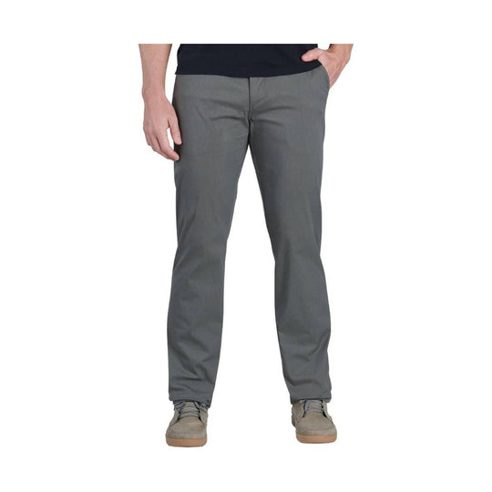 Gray straight-leg men's pants with front pockets, shown with shoes