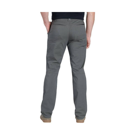 Gray straight-leg men's pants shown from the back, with rear pockets and side zip pocket
