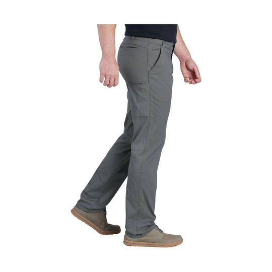 Gray men’s straight-leg pants shown on a model in side view