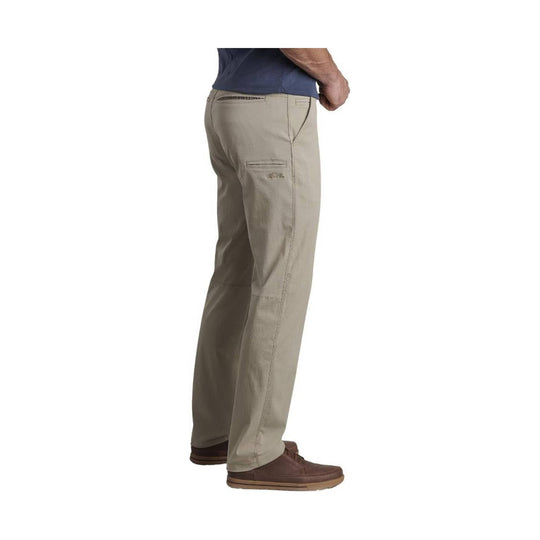Khaki men's chinos shown in side view with back pocket and cargo-style pocket details