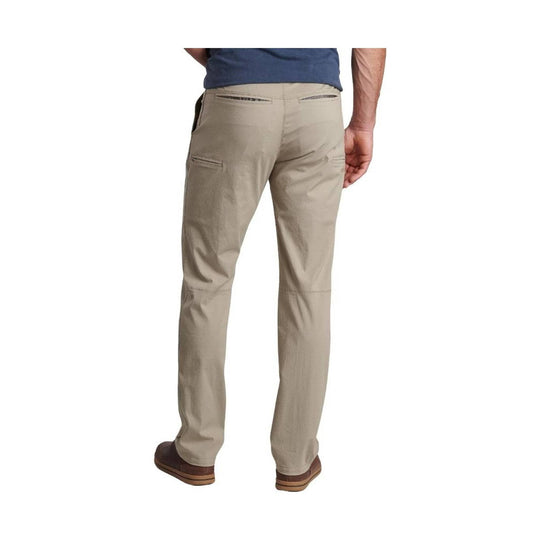 Khaki men’s pants shown from the back with zipper pockets