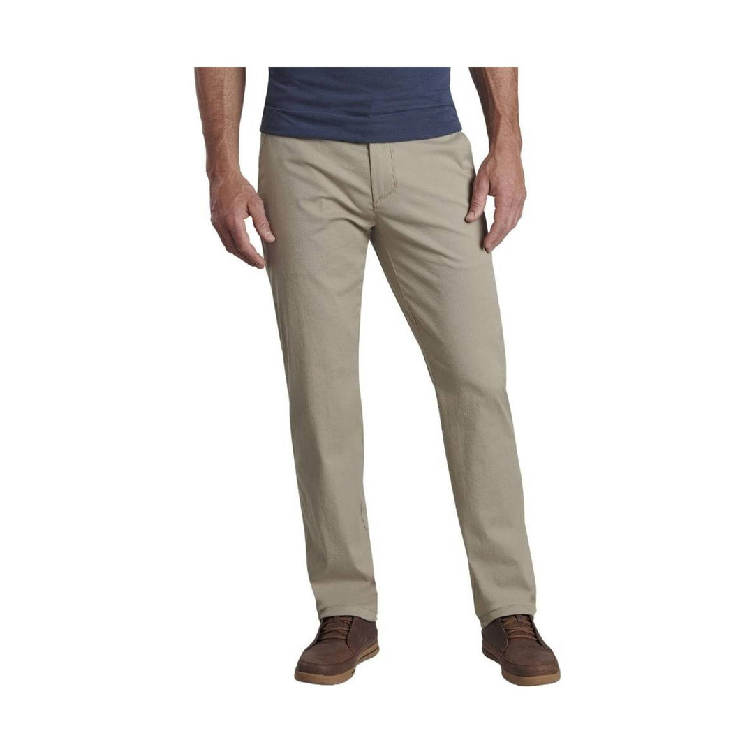 Khaki straight-leg pants with a flat front, shown on a model with brown shoes