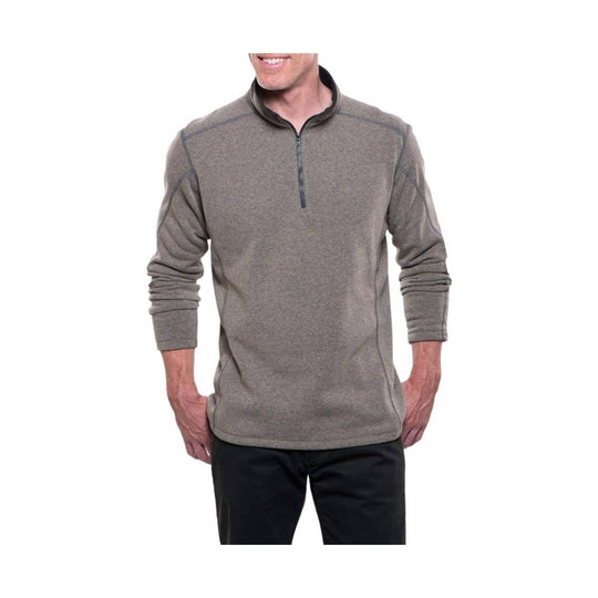 Taupe quarter-zip pullover with contrast seam detailing and long sleeves