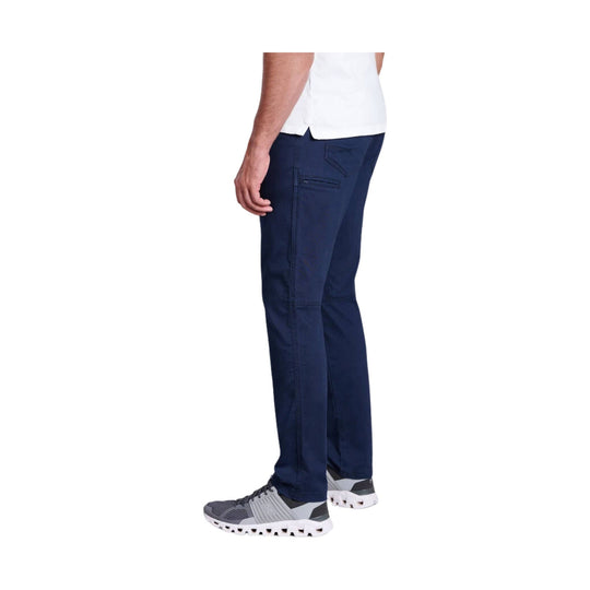 Side view of navy straight-leg pants with a zippered cargo pocket