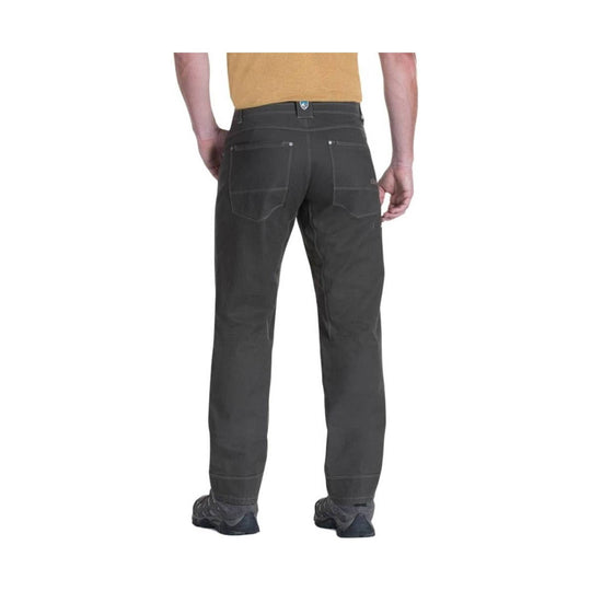 Dark gray men’s pants shown from the back with five-pocket styling and straight legs