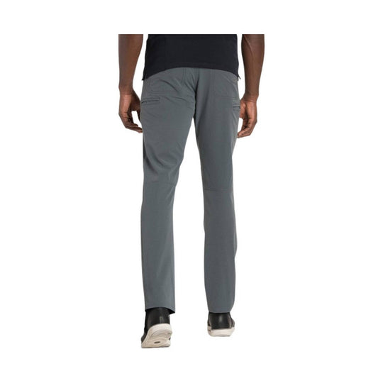 Gray men’s straight-leg pants shown from the back