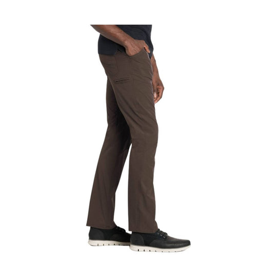 Brown straight-leg pants shown in side view with front and back pockets
