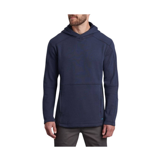Navy pullover hoodie with a front kangaroo pocket and hood