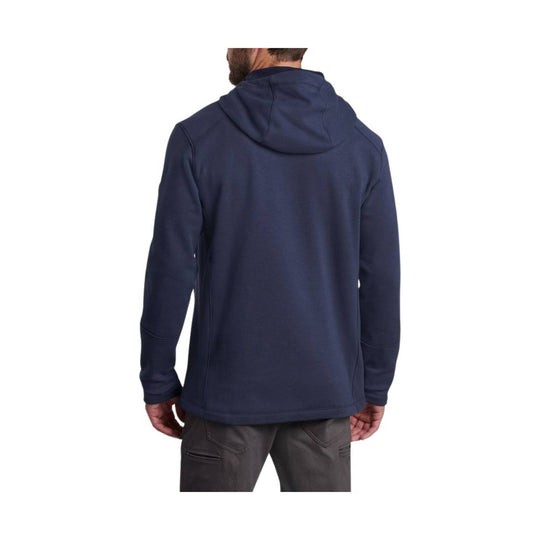 Dark navy hooded pullover sweatshirt shown from the back with long sleeves and a high collar