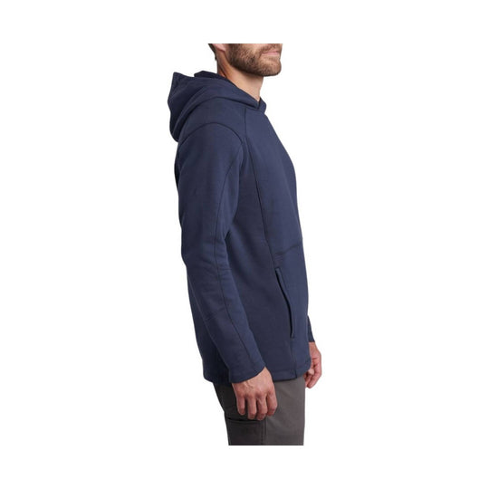 Navy hooded pullover with kangaroo pocket, shown in side view