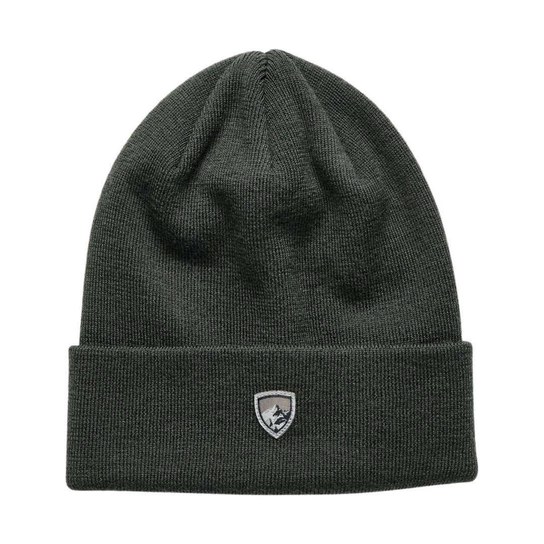 Dark knit cuffed beanie with a small front patch logo
