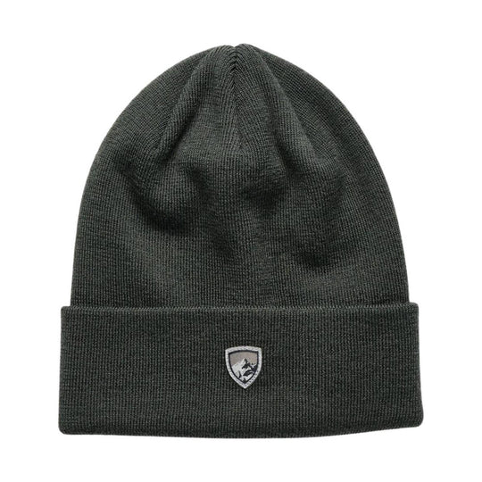 Dark knit cuffed beanie with a small front patch logo