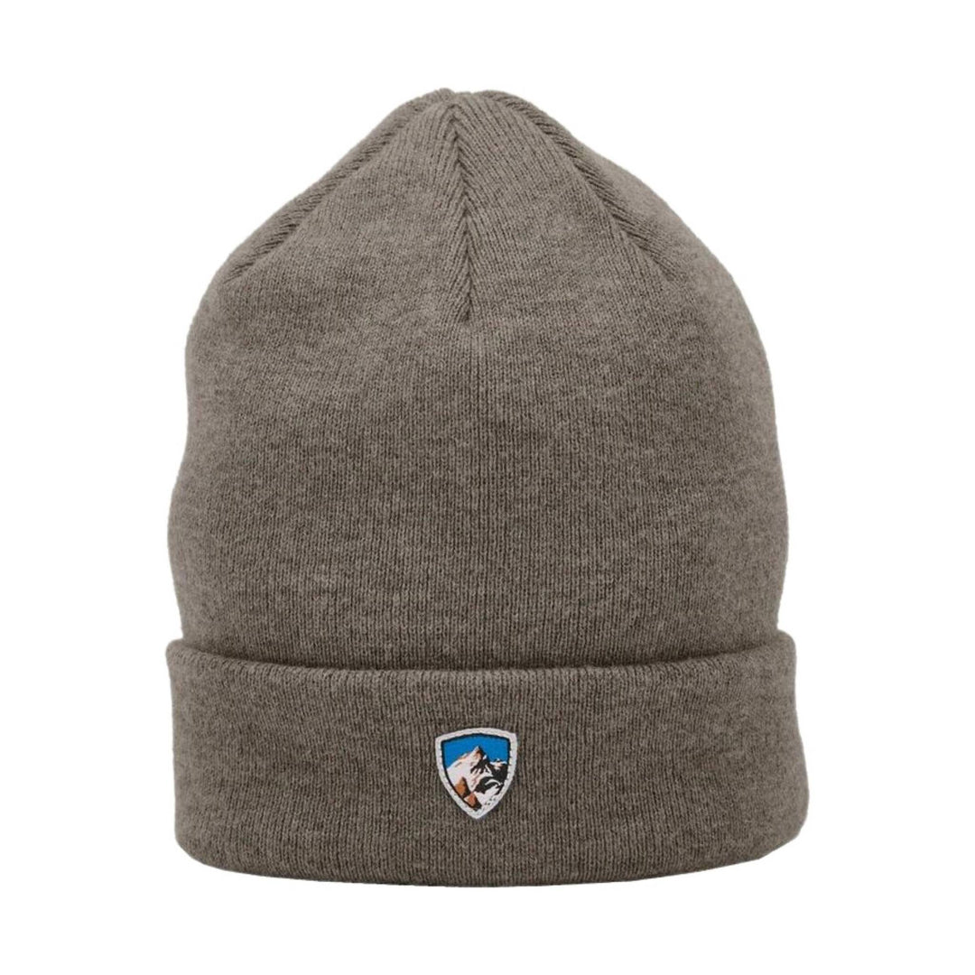Taupe knit beanie with a folded cuff and small embroidered mountain patch