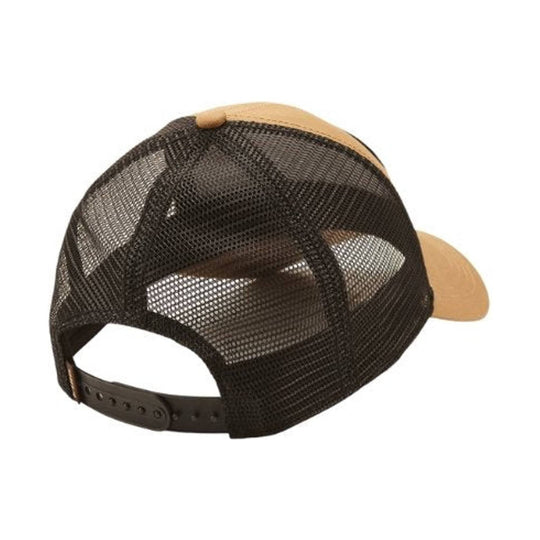 Black mesh trucker hat with tan brim and top button, shown from the back