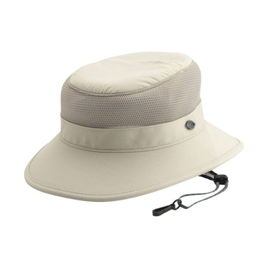 Light beige bucket hat with mesh crown, wide brim, and chin cord
