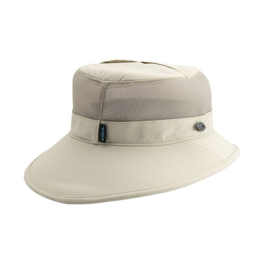 Beige wide-brim sun hat with mesh crown and chin toggle