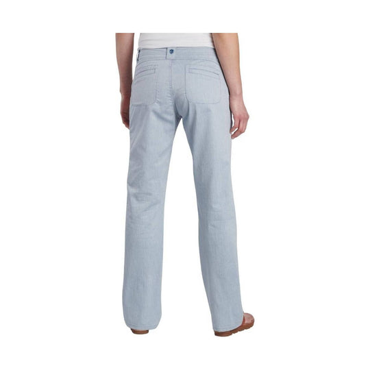 Light blue straight-leg pants shown from the back with back pockets and a button waistband