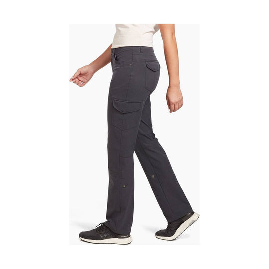 Charcoal women’s cargo pants with roll-up hems and multiple pockets, shown in side view with black sneakers