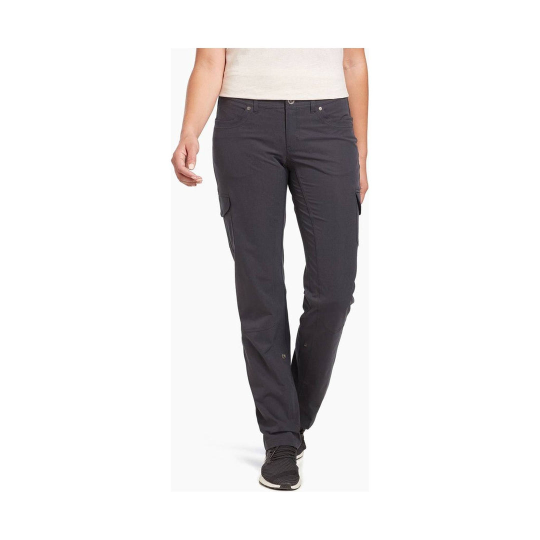 Dark gray women's cargo pants with roll-up hems and side pockets, shown on a model