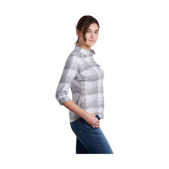 Light gray plaid button-up shirt with three-quarter sleeves, shown on a model in side view